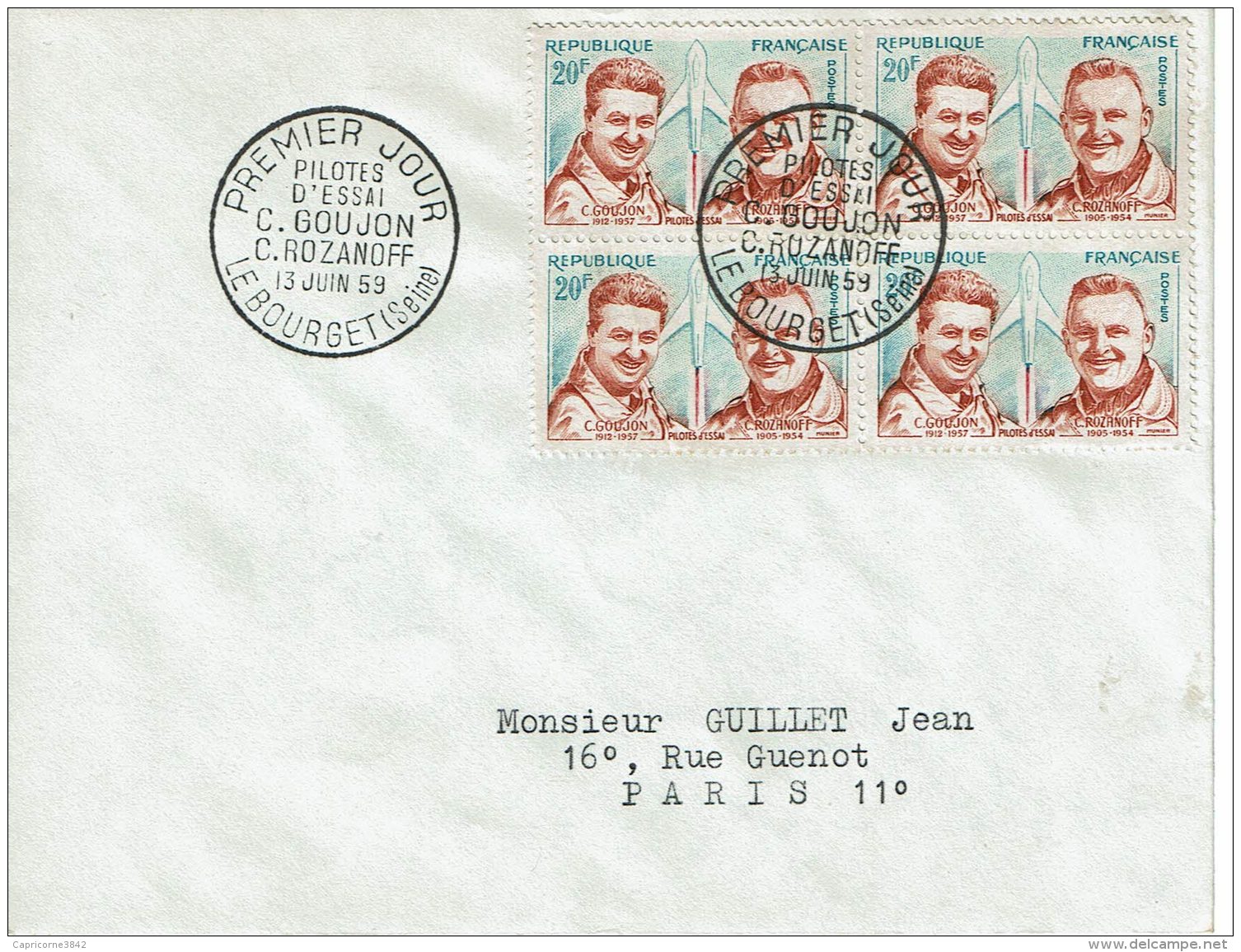 1959 - HOMMAGE AUX PILOTES D'ESSAI GOUJON ET ROZANOFF - Obl. 1er Jour LE BOURGET Sur Tp 1213 - 1950-1959