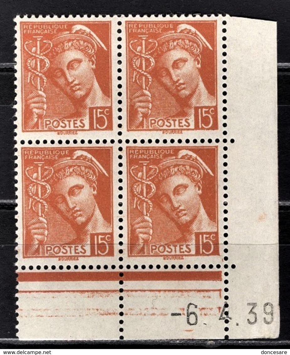 FRANCE 1938 - BLOC DE 4 TP NEUF** / Y.T. N° 409 / COIN DE FEUILLE / DATE - 1930-1939