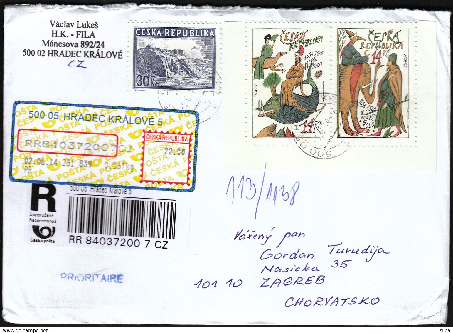 Czech Republic Hradec Kralove 2014 / R Letter - Cover / Europa CEPT Marco Polo, Fish, Elephant, Castle Vysehrad - Lettres & Documents