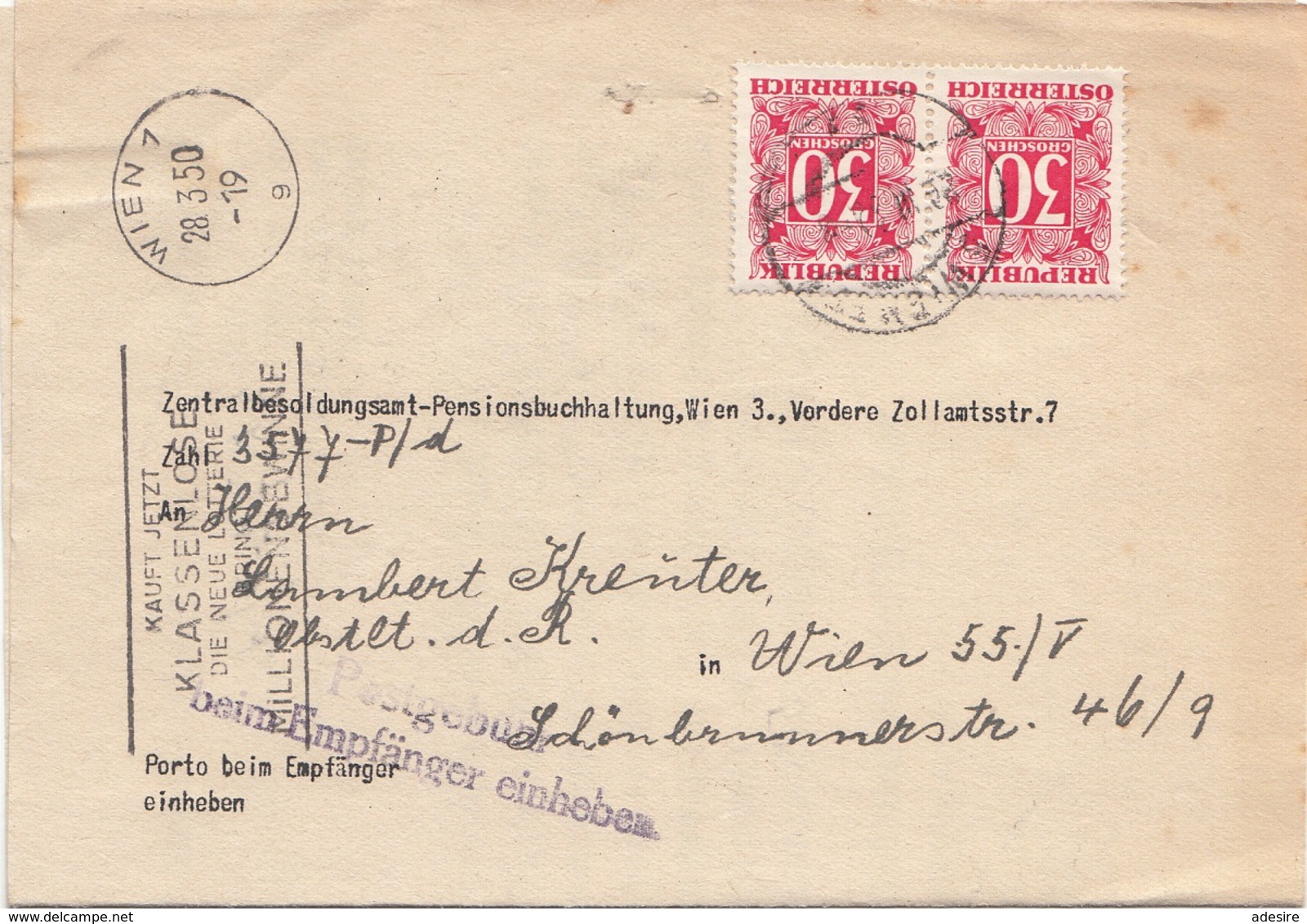 ÖSTERREICH NACHPORTO 1950 -2x30 Gro Nachporto Auf Faltbrief D.Zentralbesoldungsamtes, Gel.v.Wien > Wien V - Portomarken