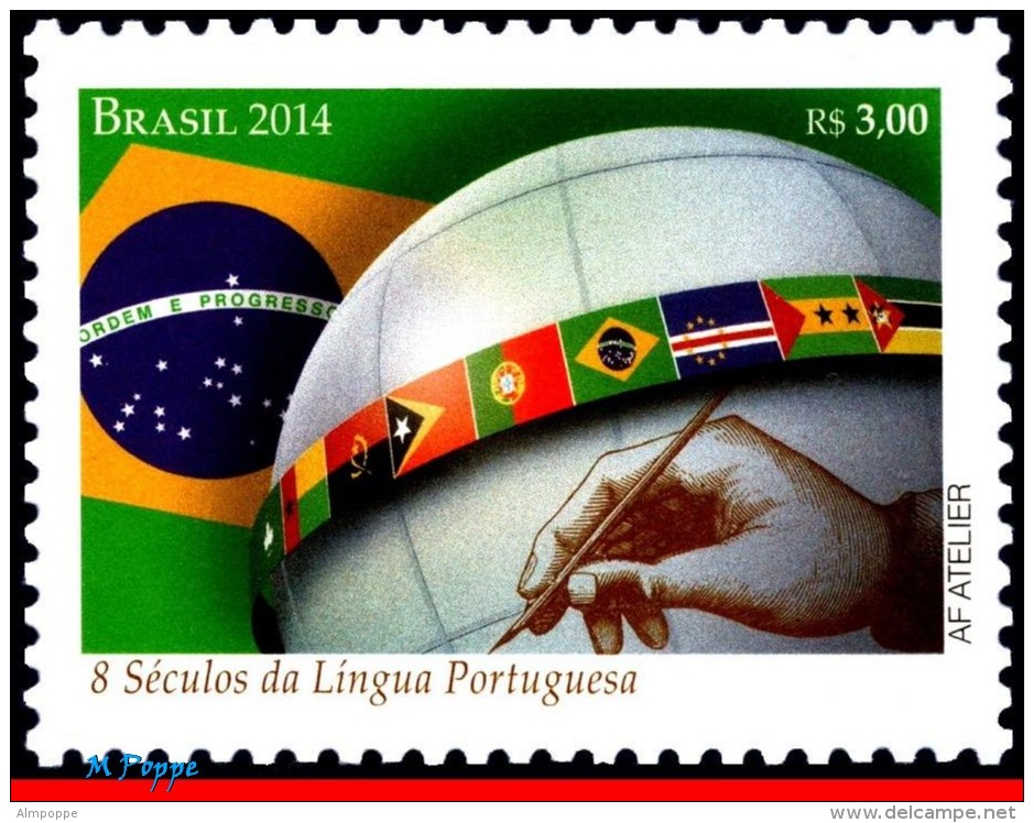 Ref. BR-3272-Q BRAZIL 2014 JOINT ISSUE, WITH PORTUGAL, FLAGS, 800, YEARS PORTUGUESE LANGUAGE, BLOCK MNH 4V Sc# 3272 - Sonstige & Ohne Zuordnung