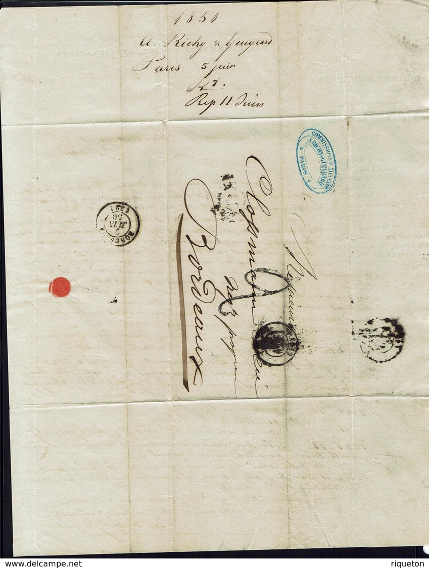 FR - 1850  "A. Richy & Gueyrard - Agents De La Compagnie Des Paquebots Bordelais - Paris" Pli Pour Bordeaux - TB - - 1849-1876: Période Classique