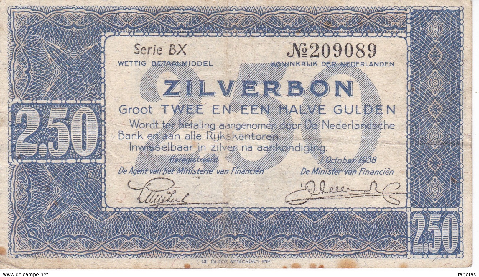 BILLETE DE HOLANDA DE 2 1/2 GULDEN DEL AÑO 1938  (BANKNOTE) - 2 1/2 Florín Holandés (gulden)