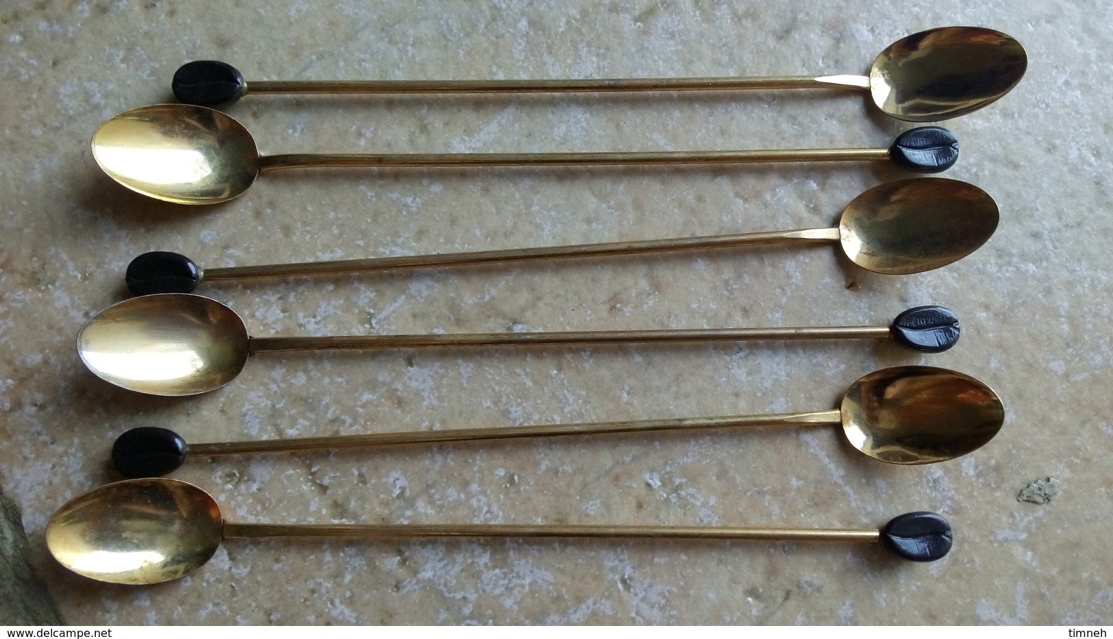 6 Longues Petites Cuillères Metal Doré Café Mazagran - Deco GRAIN DE CAFE Plastique 19cm Traces Oxydation - Deco Vintage - Spoons