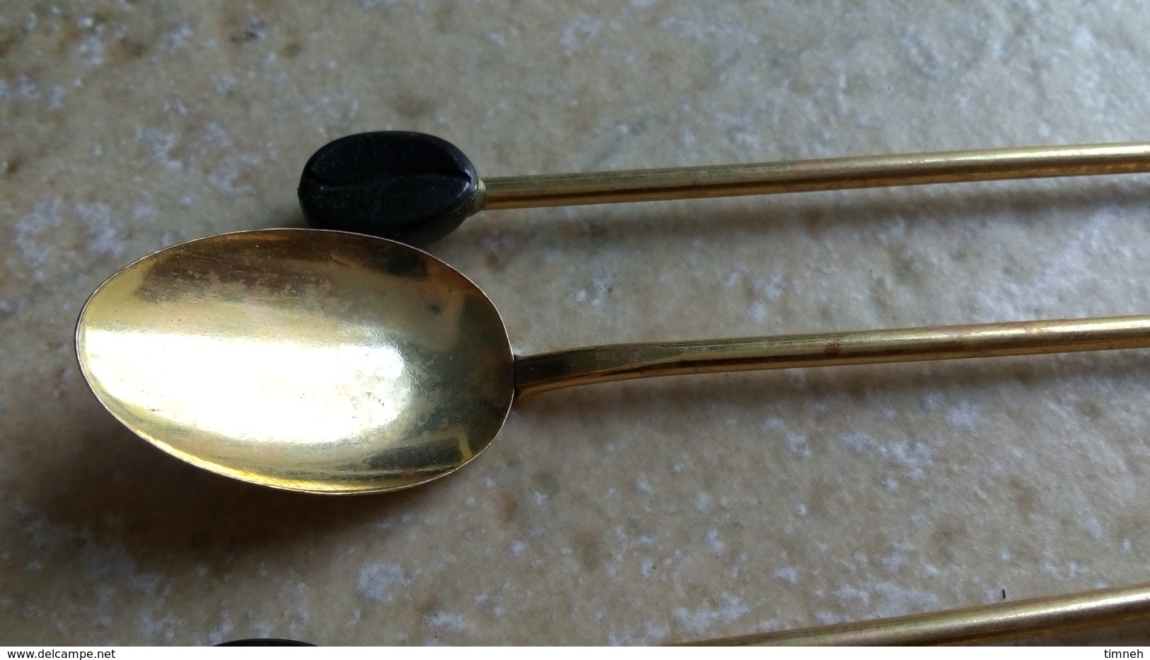 6 Longues petites cuillères metal doré café mazagran - deco GRAIN DE CAFE plastique 19cm traces oxydation - deco vintage