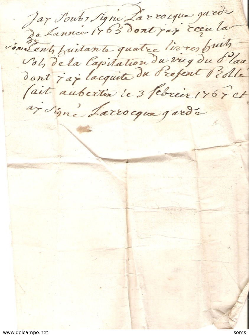 Vieux Papier Du Béarn, Aubertin (64), 1767, Quittance De La Capitation Du Vicq Du Plaa Par Le Garde Larrocque - Documents Historiques