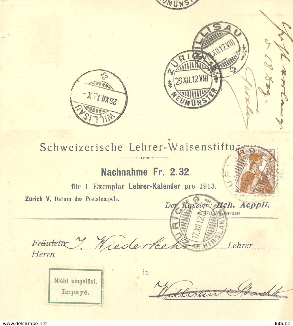 NN Karte  "Schweiz. Lehrer Waisenstiftung, Zürich" - Willisau         1912 - Lettres & Documents