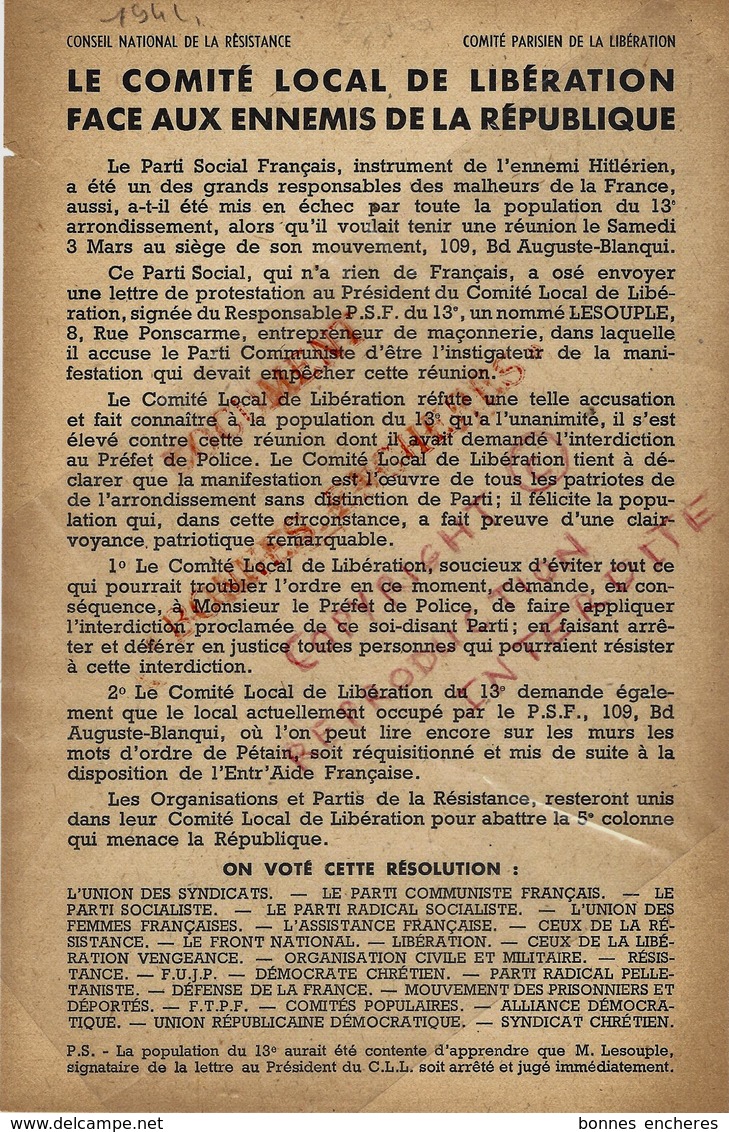 1944 POLITIQUE LIBERATION DE LA France PARTI SOCIAL FRANÇAIS OPPOSITION AVEC  LE PARTI COMMUNISTE PARIS 13° Arr - Documents Historiques