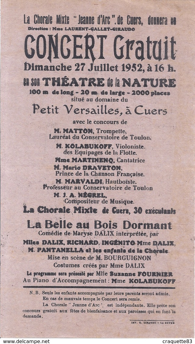 LA CHORALE "JEANNE D'ARC DE CUERS DONNERA UN CONCERT GRATUIT 27 JUILLET 1952 AU PETIT VERSAILLES A CUERS - Programs