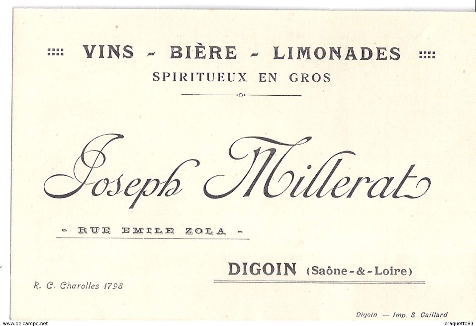 JOSEPH MILLERAT -VINS BIERES LIMONADES - DIGOIN  SAONE ET LOIRE - Visiting Cards