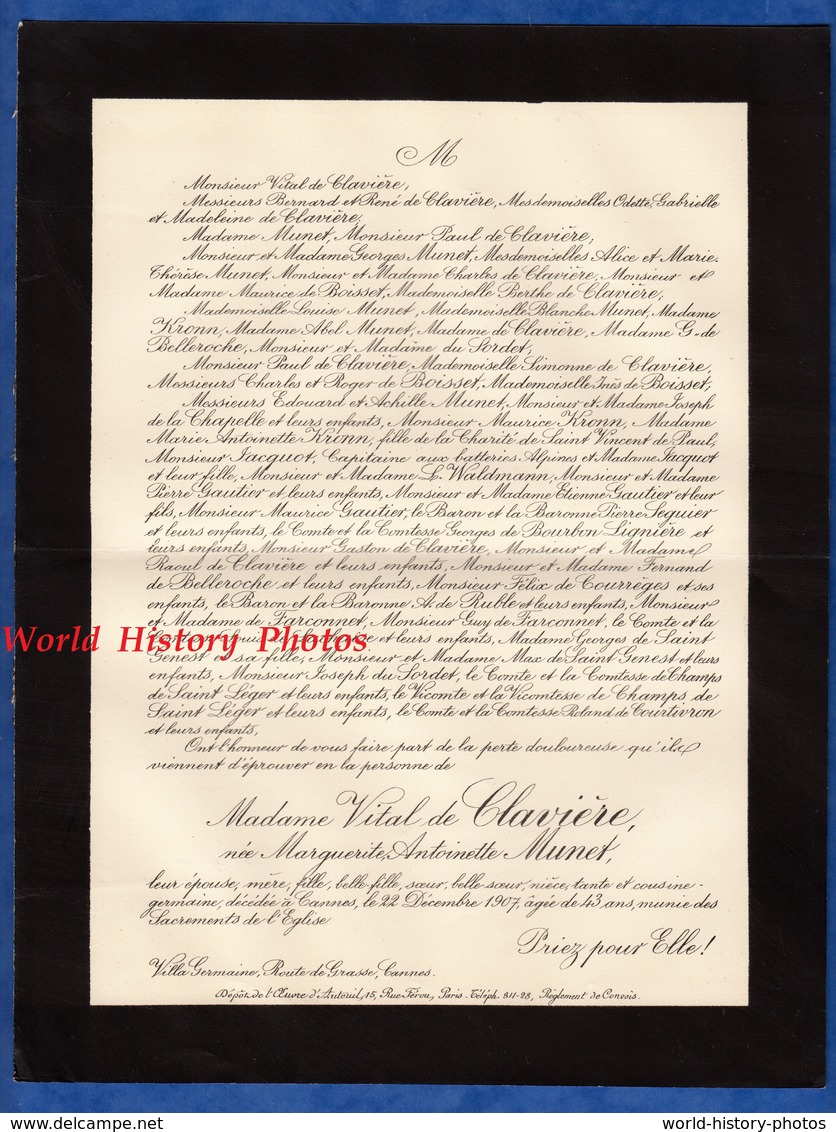 Document De 1907 - CANNES , Villa Germaine - Marguerite Antoinette MUNET épouse VITAL De CLAVIERE - Historische Documenten