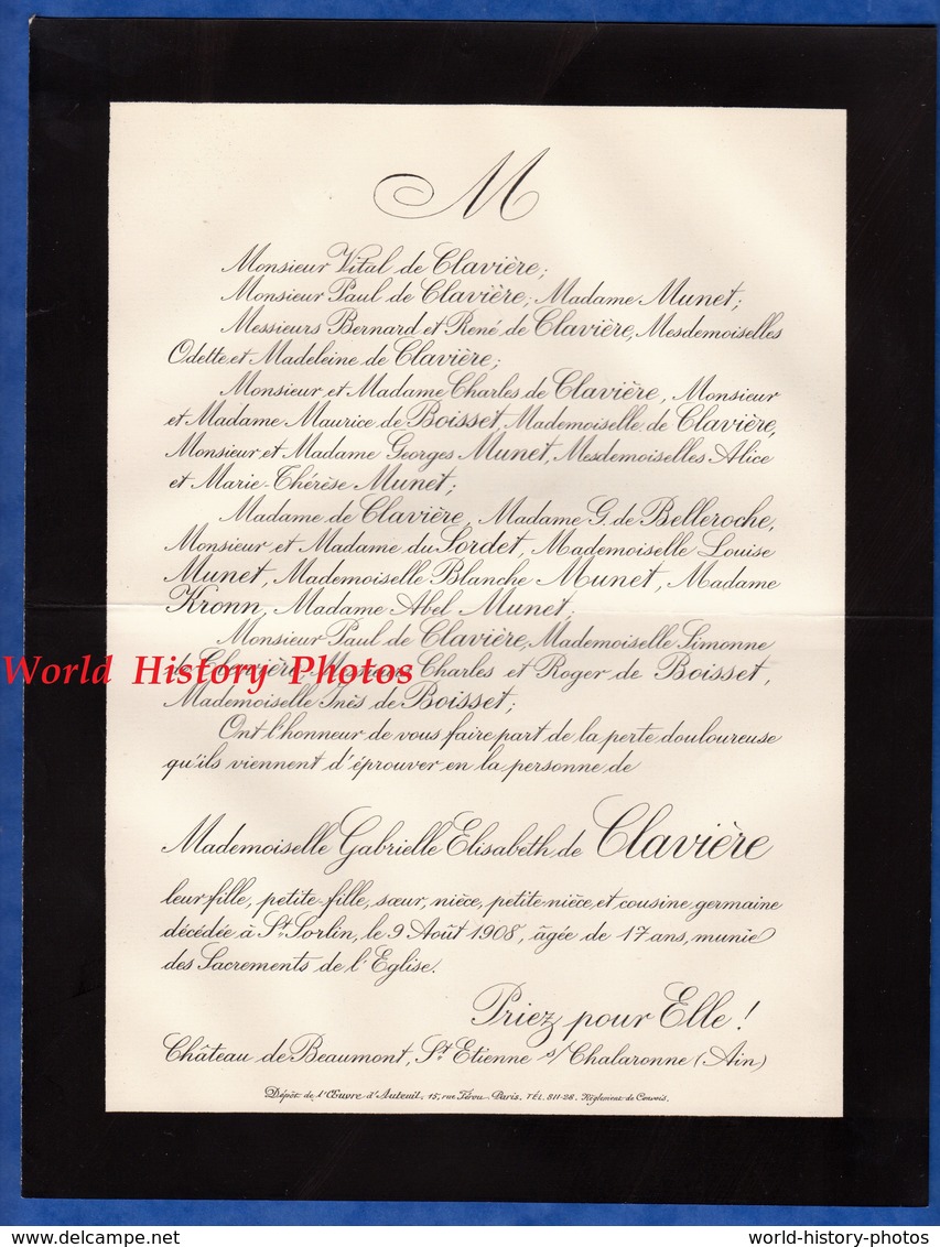 Document De 1908 - Château De BEAUMONT / Saint Etienne Sur Chalaronne ( Ain ) - Gabrielle Elisabeth De CLAVIERE - Documents Historiques