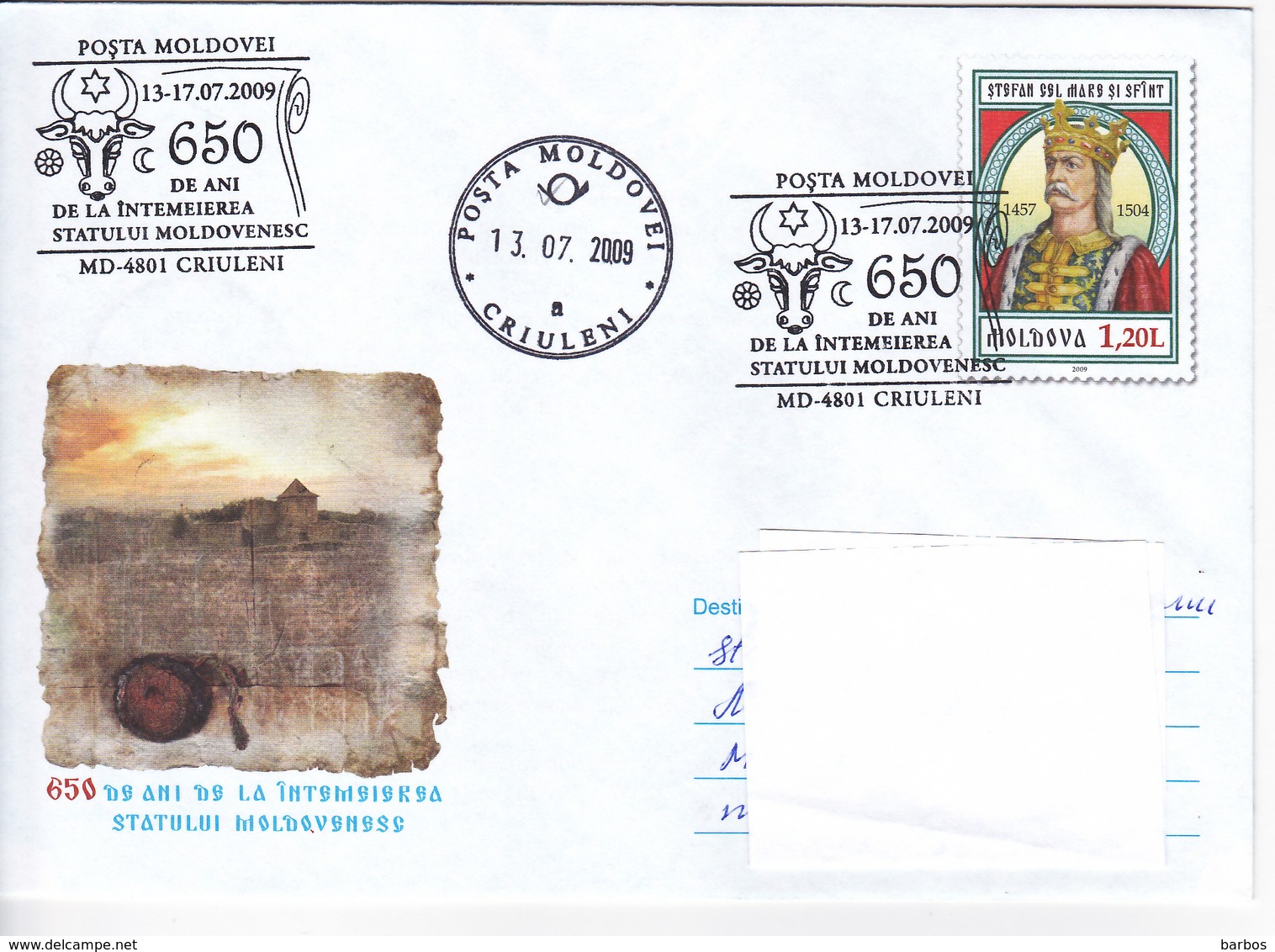 MOLDOVA ,  MOLDAVIE , 2009 ,  650 Years - Moldovan State , Criuleni  Coat Of Arms ,  Speciall Cancell. Pre-paid Envelope - Moldova