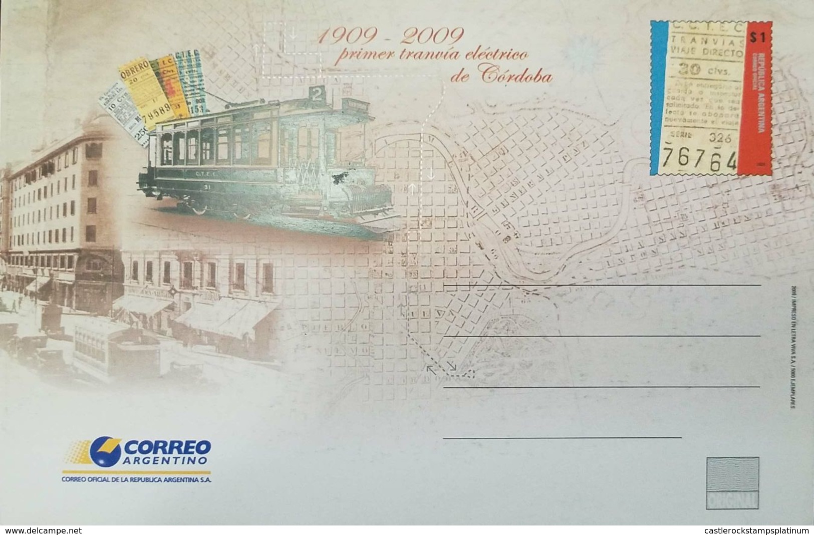 RO) 2009 ARGENTINA, FIRST ELECTRICAL TRAM  - TRAIN -OLD TICKET 1909,  POSTAL CARD  XF - Argentinien