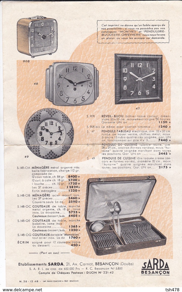 25----BESANCON--SARDA--horlogerie -montres Réveil-( Feuille Des Modèles Hors Catalogue )--voir  4 Scans - Besancon