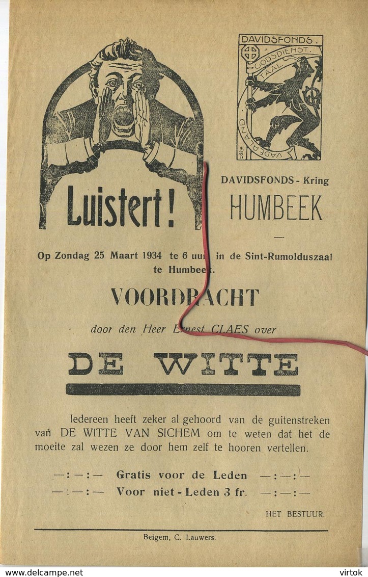 Humbeek  1934 Voordracht Davidsfonds DE WITTE Ernest Claes  (formaat  21x14 Cm) - Other & Unclassified