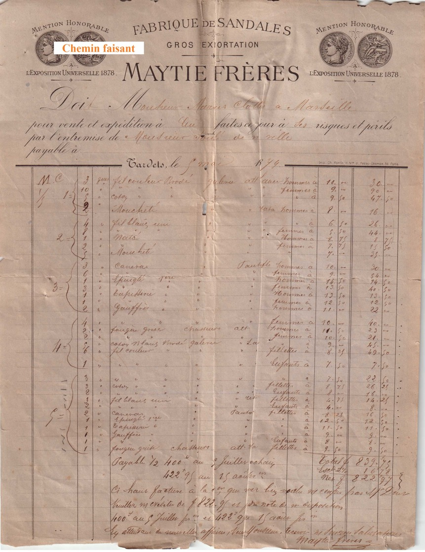 Document Du 05/05/1879 MAYTIE Frères - Fabrique De Sandales - Tardets 64 - 1800 – 1899