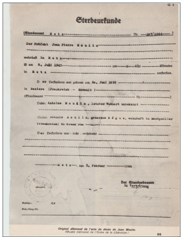 Illustration : Acte De Déces De Jean Moulin - Non Classés