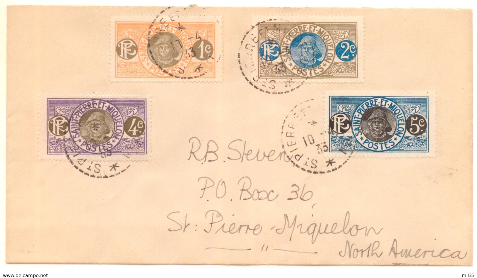 Lettre Pour St Pierre Et Miquelon De 1933 Avec 4 Timbres Pêcheur - Briefe U. Dokumente