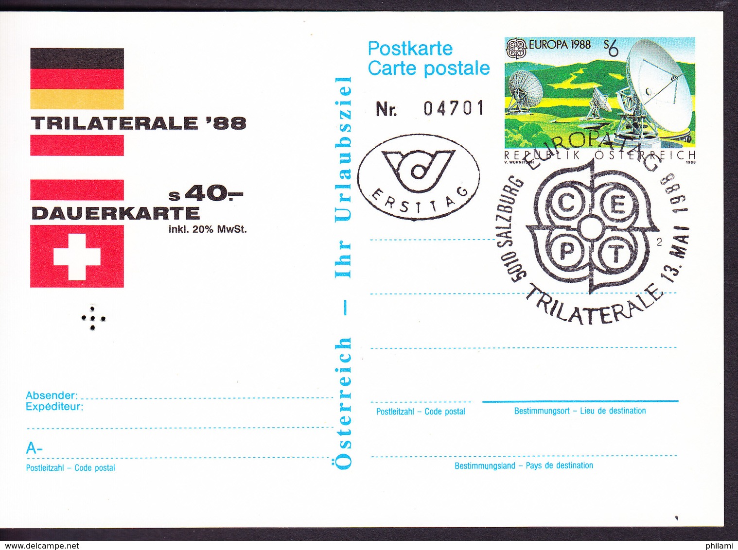AUTRICHE, ENTIER POSTAL OBL EUROPATAG 88, TRILATERALE, TYPE TIMBRE EUROPA DE 1988. (36) - Autres & Non Classés