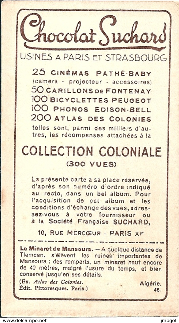 Image N° 46 Chocolat Suchard Collection Coloniale Algérie Minaret De Mansoura - Suchard