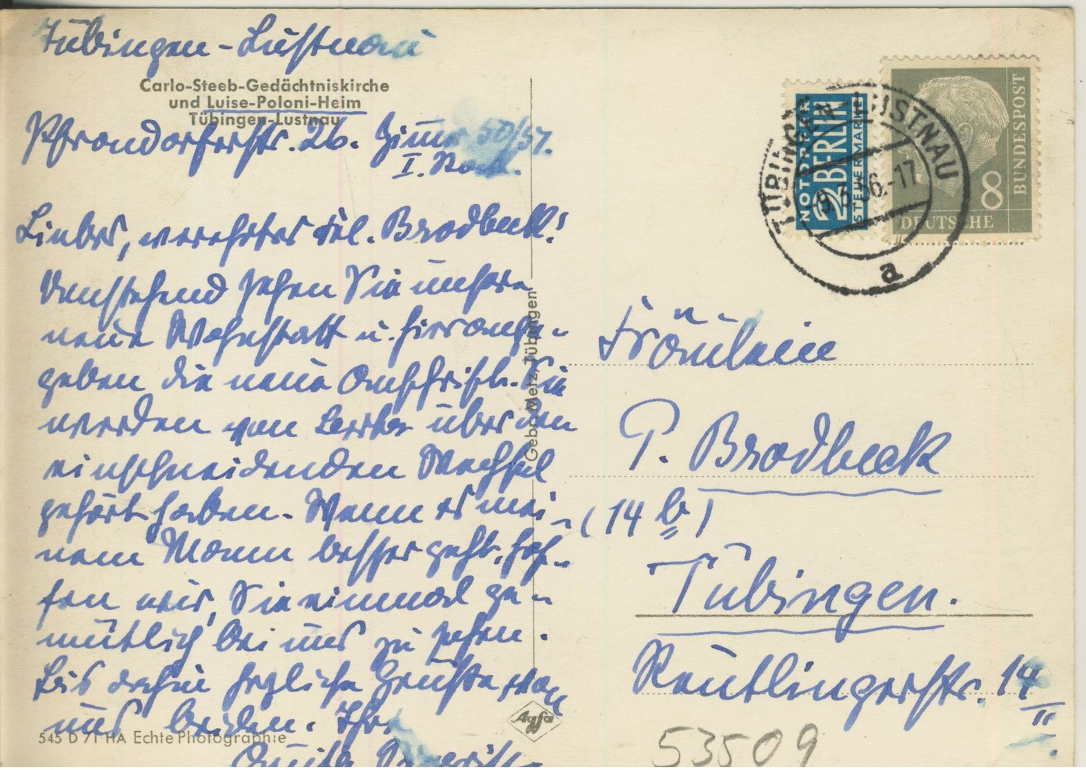 Tübingen-Lustnau V. 1957  Carlo Steeb Ged#chtniskirche Und Luise Poloni Heim  (53509) - Tuebingen