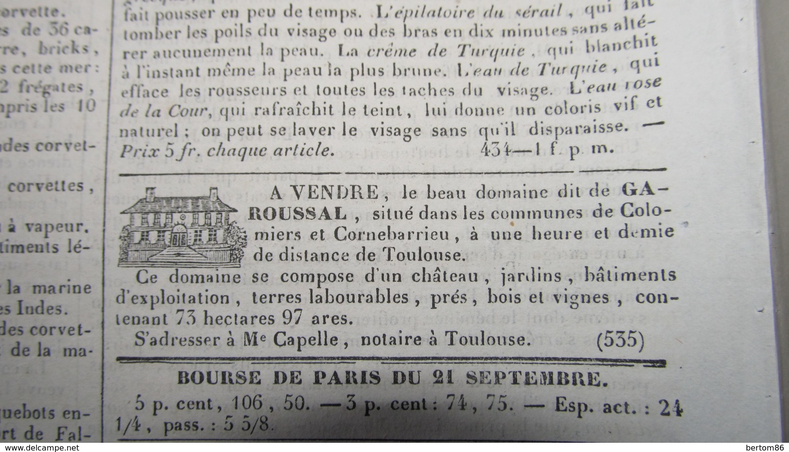 ENTRE CORNEBARRIEU Et COLOMIERS - A VENDRE LE BEAU DOMAINE Dit De GAROUSSAL - ANNONCE DE 1840. - 1800 - 1849