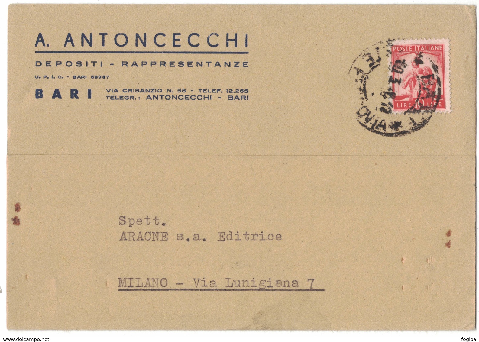 A132   Italia 1948  Cartolina "A.ANTONCECCHI Depositi E Rappresentanze Bari" - 1946-60: Storia Postale