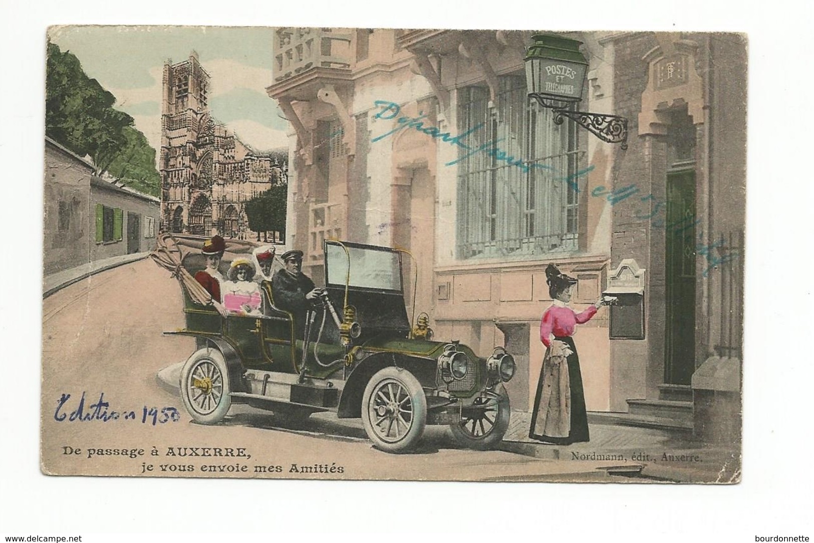 Belle CPA Colorisée, Très Animée : "De Passage à AUXERRE, Je Vous Envoie Mes Amitiés" (automobile NORDMANN - Auxerre