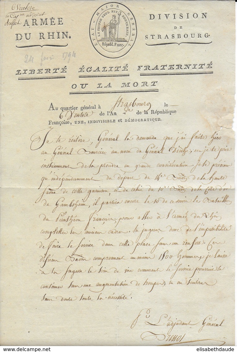 AN 2 - 1794 - ARMEE DU RHIN - LETTRE Du QUARTIER GENERAL à STRASBOURG - DEMANDE DE RENFORTS - Legerstempels (voor 1900)