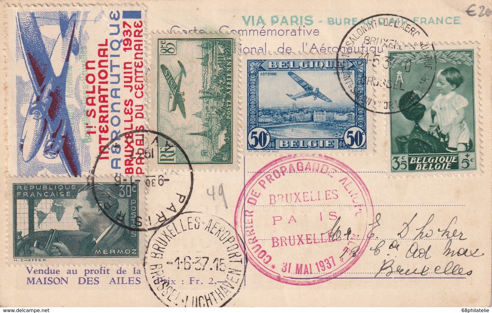 BELGIQUE 1937 CARTE COMMEMORATIVE 1ER SALON INTERNATIONAL AERONAUTIQUE BRUXELLES - Lettres & Documents