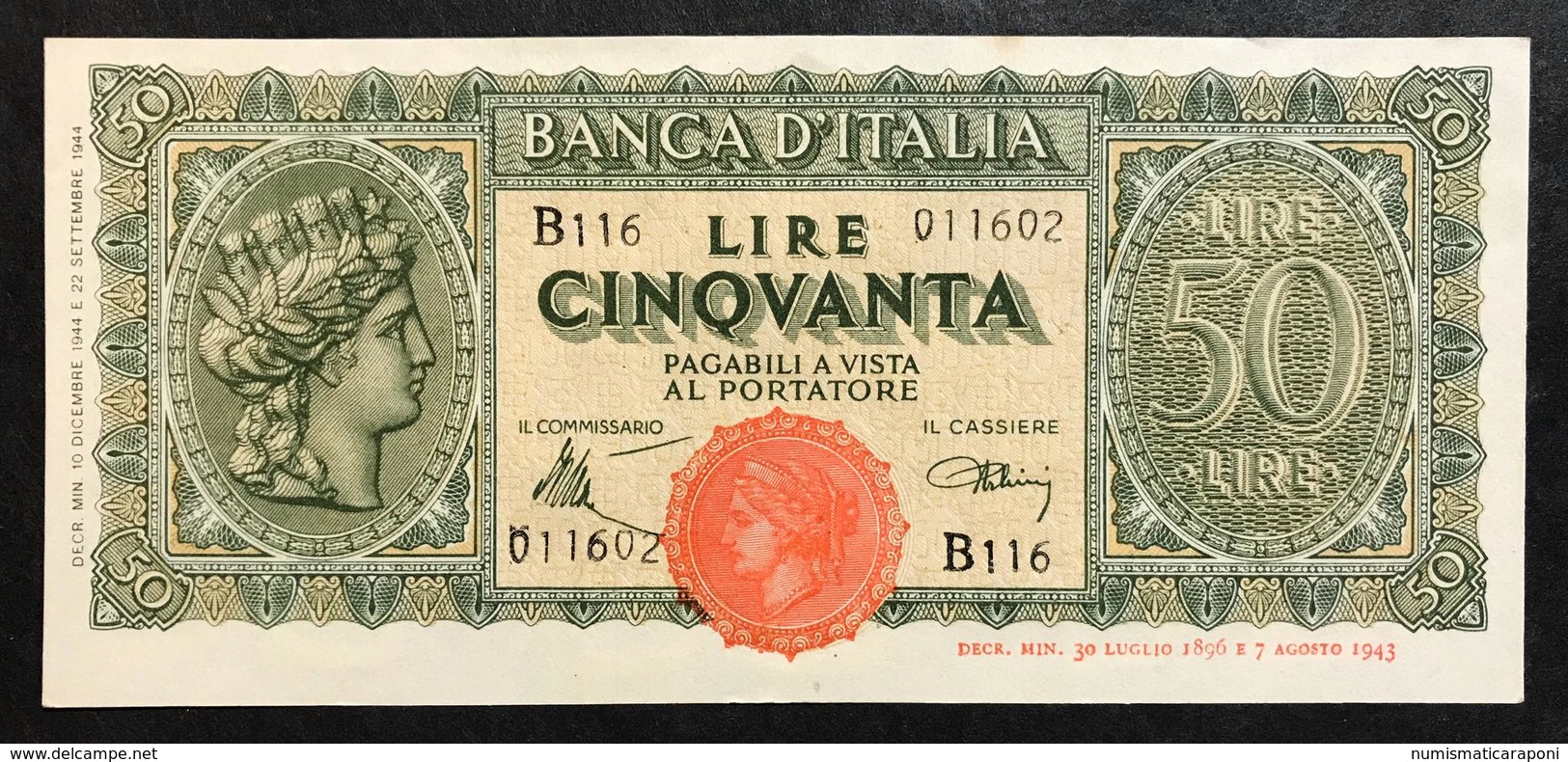 50 LIRE ITALIA TURRITA 10 12 1944  Fds OTTIMO BIGLIETTO  LOTTO 2061 - 50 Lire