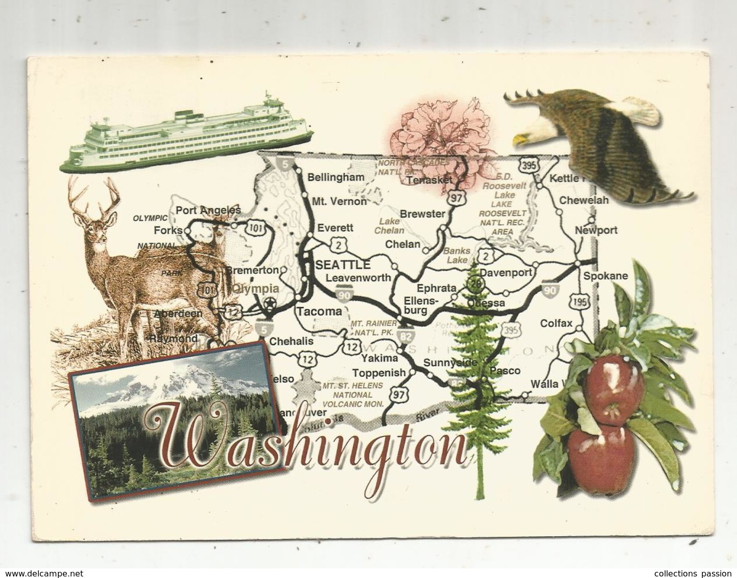 Carte Géographique , ETATS UNIS , WASHINGTON , The Evergreen State , Voyagée - Cartes Géographiques