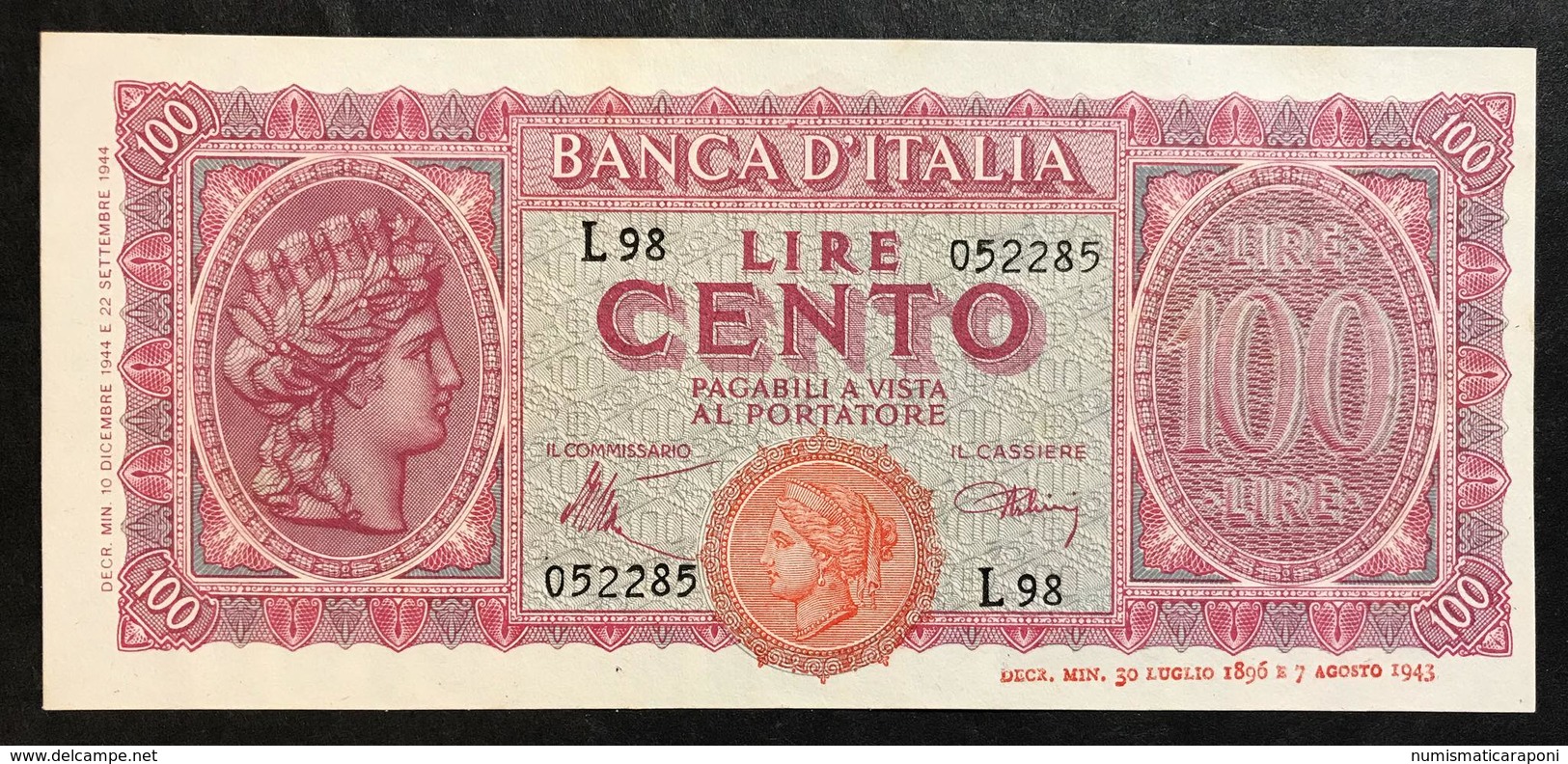 100 Lire Luogotenenza Italia Turita  10 12 1944 Q.fds  LOTTO 2064 - 100 Liras