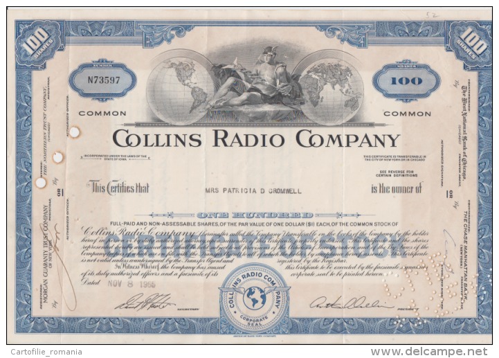 USA - Collins Radio Company - 100 Shares - Certificate Of Stock - Serial Number - Used - Stamp - Iowa 305/205 Mm - USA