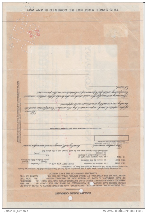 USA - Collins Radio Company - 100 Shares - Certificate Of Stock - Serial Number - Used - Stamp - Iowa 305/205 Mm - Verenigde Staten