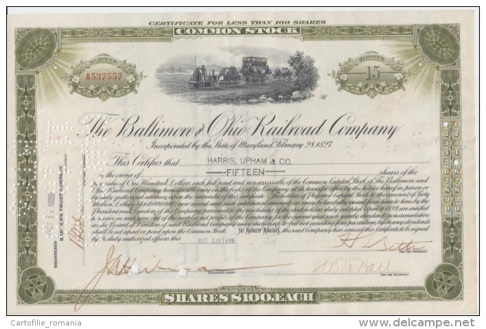 USA - The Baltimore Ohio Railroad Comapany - Common Stock - Serial Number - Used - Stamp - 100 Dollars Each 289/188 Mm - United States