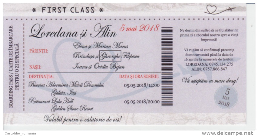 Romania - Boarding Pass (Fantasy) - Wedding Invitation Made As An Airplane Ticket 199/100 Mm - Europa