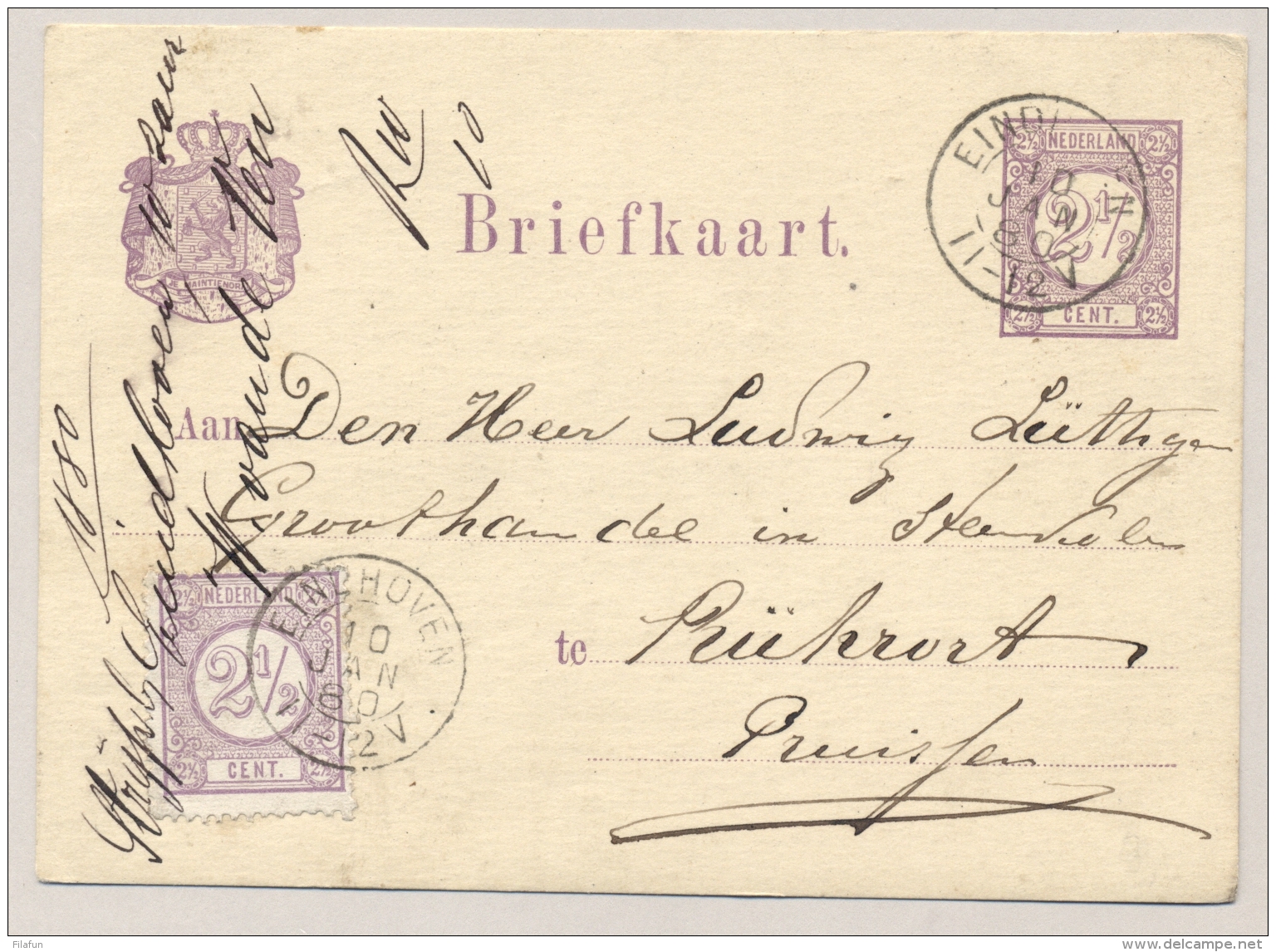 Nederland - 1880 - 2,5 Cent Cijfer Op 2,5 Cent Briefkaart Van KR EINDHOVEN Naar Stuttgard / Pruissen - Brieven En Documenten