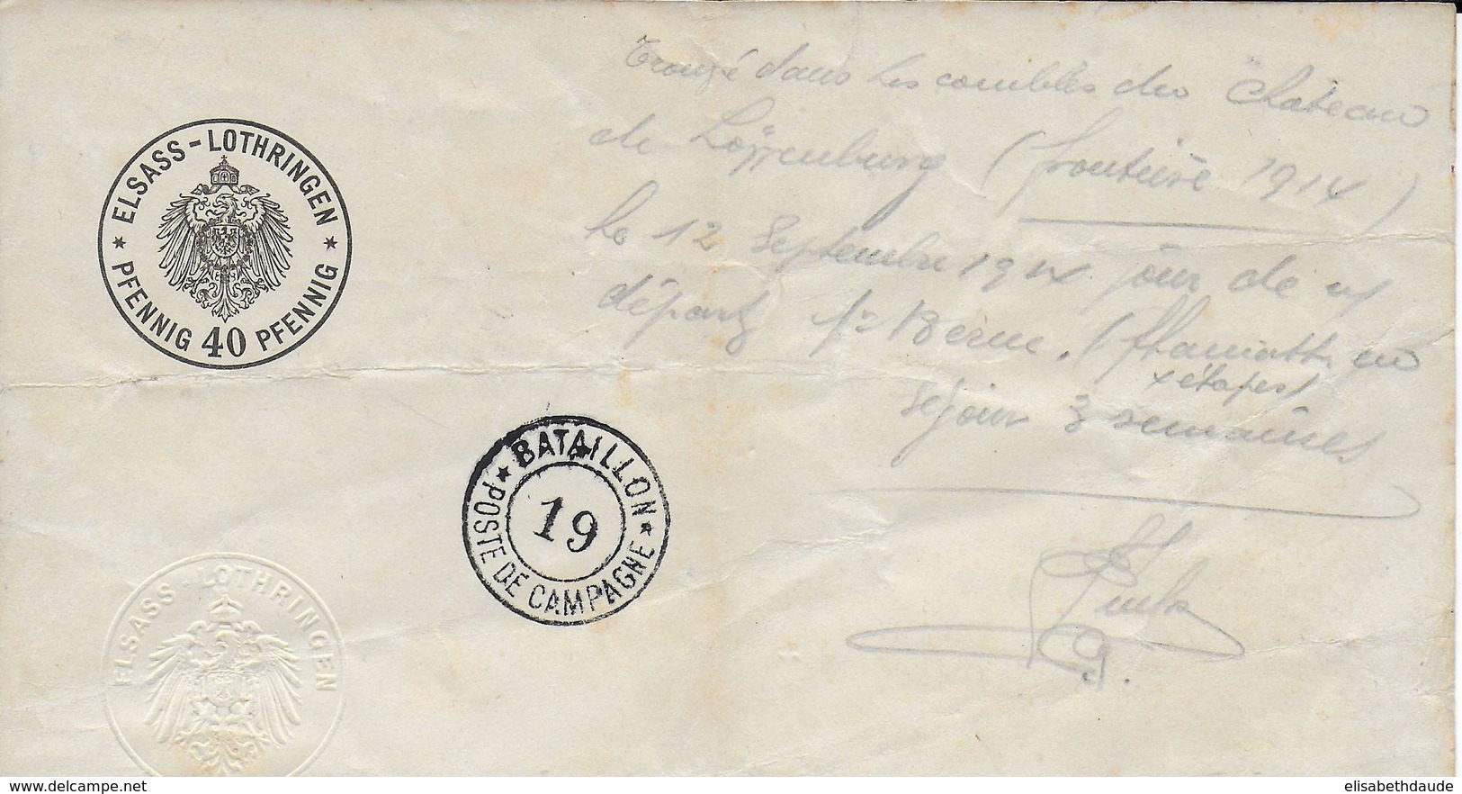 1914 - LETTRE à ENTETE TAXE ALSACE LORRAINE 40PF + CACHET POSTE CAMPAGNE TROUVEE Dans Le CHATEAU DE LÖWENBURG FRONTIERE - Brieven En Documenten