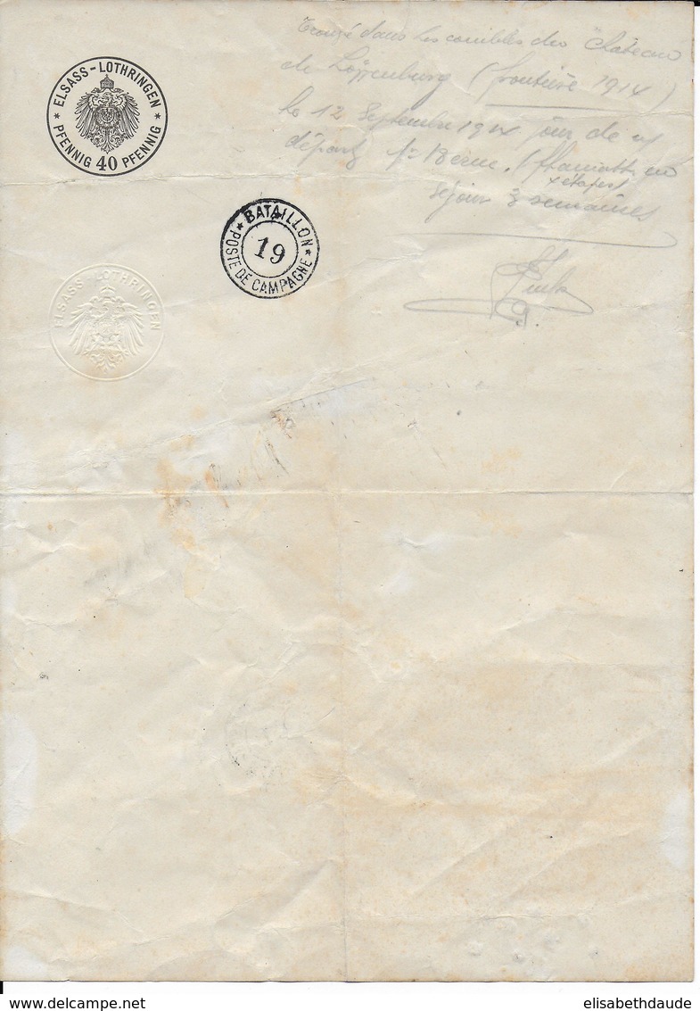 1914 - LETTRE à ENTETE TAXE ALSACE LORRAINE 40PF + CACHET POSTE CAMPAGNE TROUVEE Dans Le CHATEAU DE LÖWENBURG FRONTIERE - Brieven En Documenten