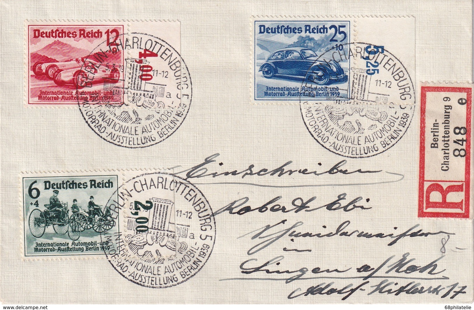 ALLEMAGNE 1939 LETTRE  RECOMMANDEE DE BERLIN AVEC CACHET ARRIVEE SINGEN - Covers & Documents