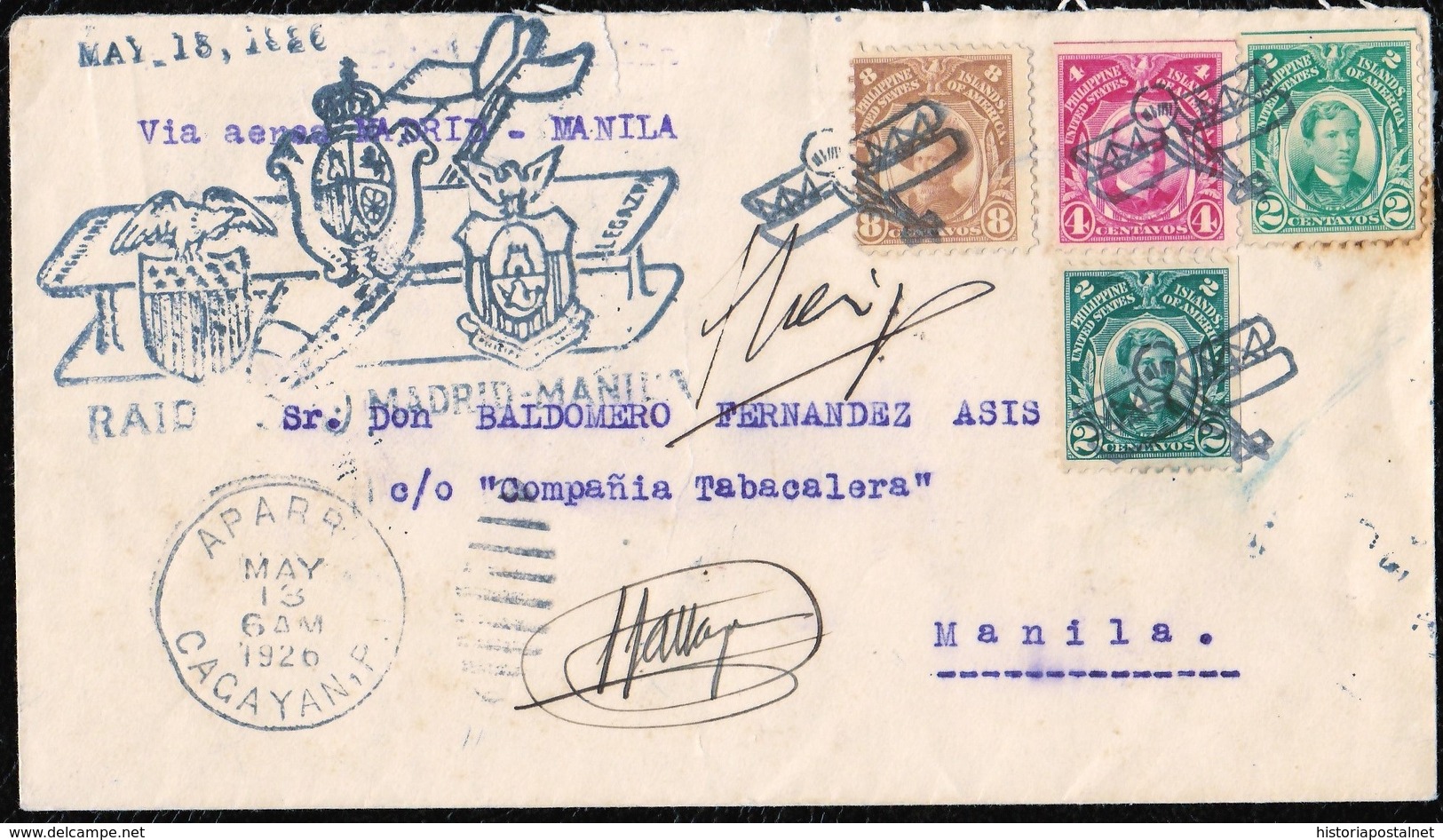 1926. VUELO MADRID - MANILA. ETAPA APARRI-MANILA. MARCAS ESPECIALES DEL VUELO Y FIRMA MANUSCRITA DEL PILOTO. - Filipinas