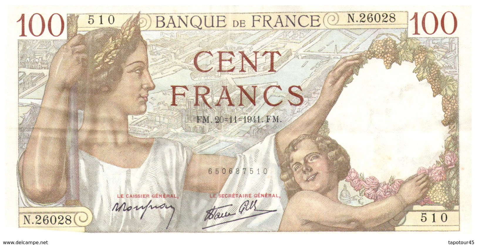 Billet  >  France > Suite De 2 Billets Mème Numéro 26028 510 Et 511 100 Francs 1941 - 100 F 1939-1942 ''Sully''