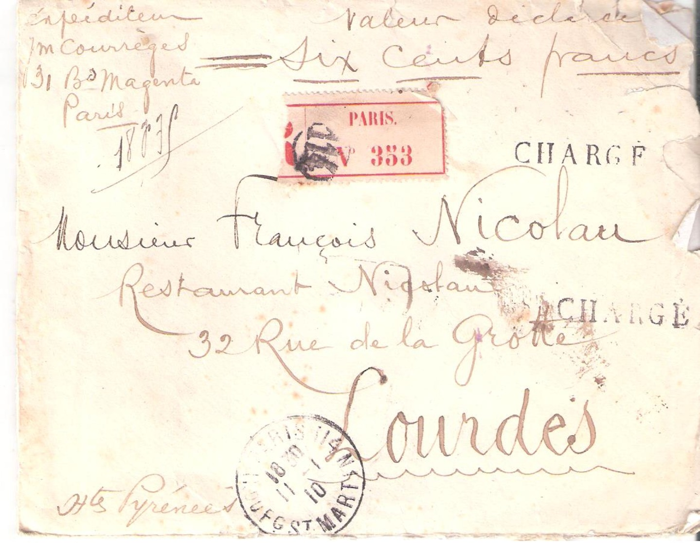 Lettre Chargée De PARIS Pour LOURDES (HTES PYRENEES) Valeur Déclarée 600 Francs - 1921-1960: Période Moderne