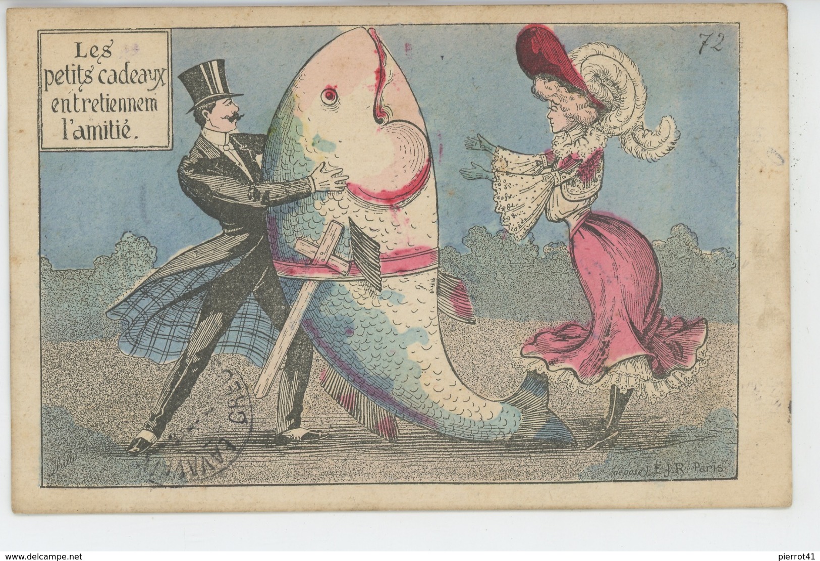 POISSON D'AVRIL - Jolie Carte Fantaisie Couple & Poisson Géant "Les Petits Cadeaux Entretiennent L'amitié" Signée MILLE - Mille