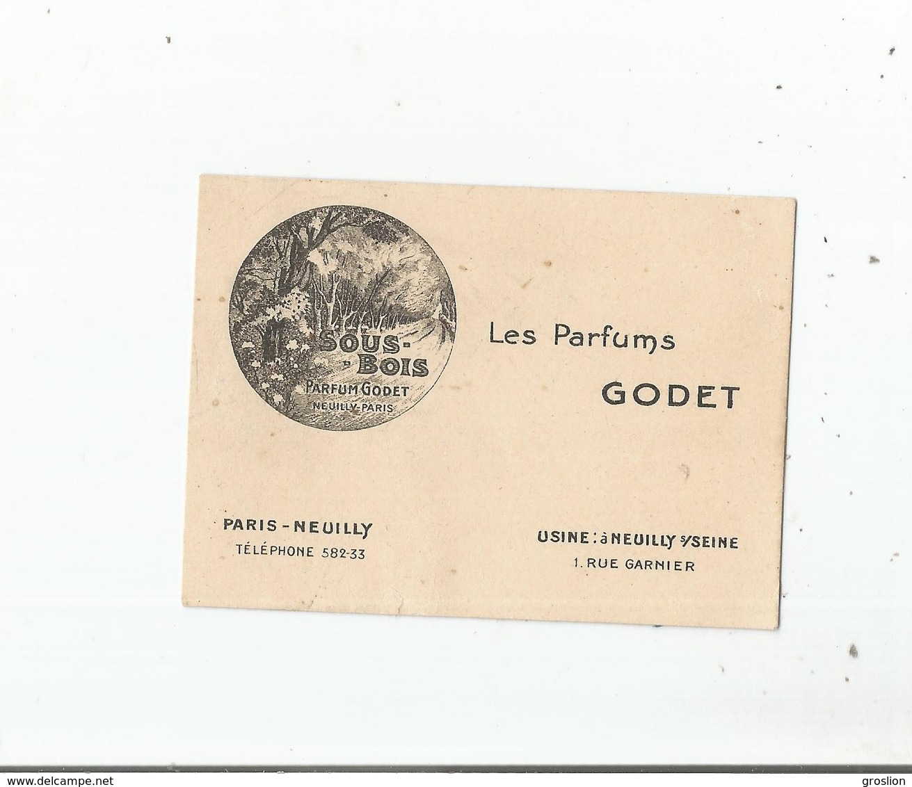 CARTE PARFUMEE ANCIENNE SOUS BOIS DES PARFUMS GODET PARIS -NEUILLY - Profumeria Antica (fino Al 1960)