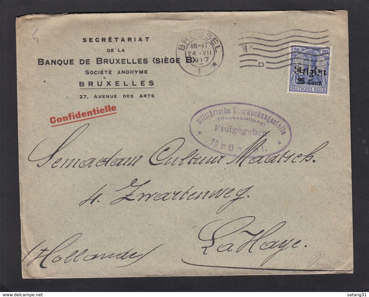 FIRMENLOCHUNF/PERFORATION/PERFIN.BANQUE DE BRUXELLES,LETTRE AVEC CACHET DE CENSURE POUR GRAVENHAGUE. - OC1/25 Generalgouvernement 