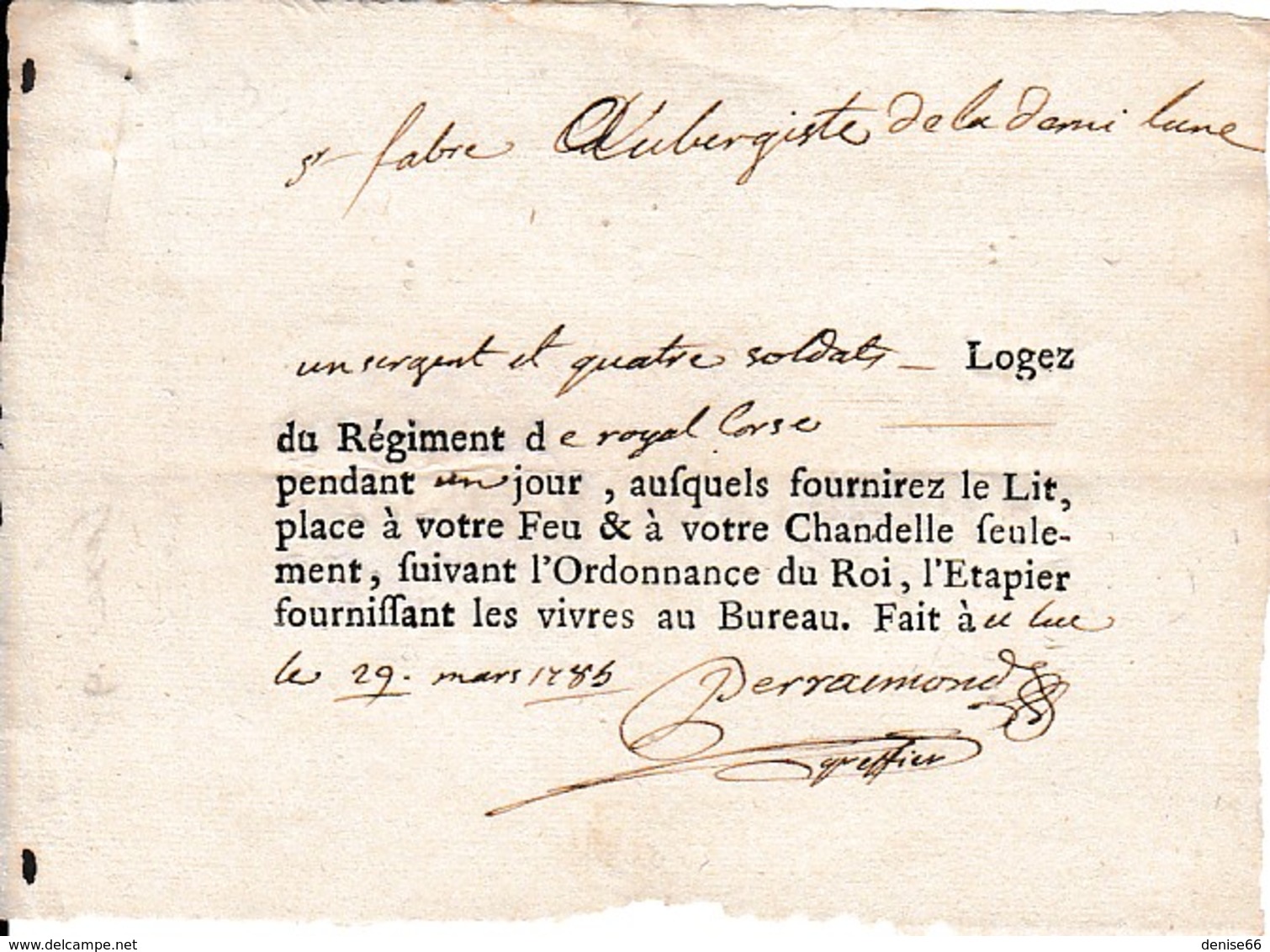 1785 - LE LUC (83) Régiment De ROYAL CORSE - Billet De Logement Pour 1 Sergent Et 4 Soldats - Documents Historiques