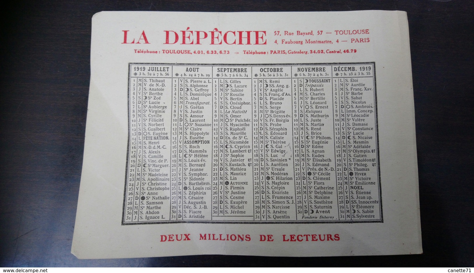 Calendrier La Dépêche 1919 - Petit Format : 1901-20